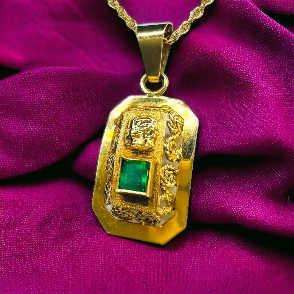 18k Yellow Gold Pre Columbian Tumi Natural Emerald Necklace 18" 3.3g 14k Chain - Picture 3 of 15